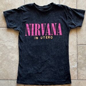 NIRVANA Black Band Tee with Pink Logo and Yellow Accent Oversized Size Small